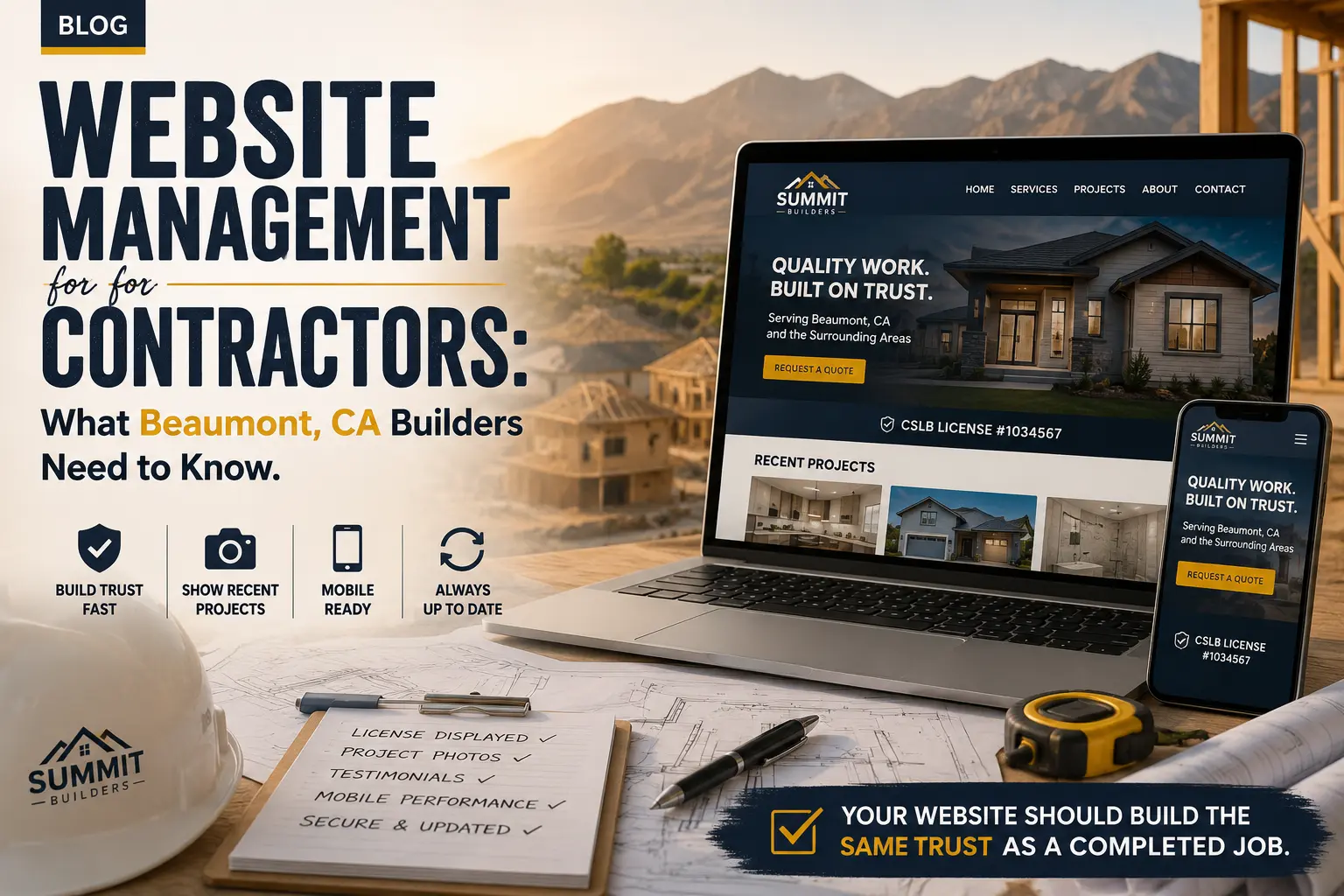 Beaumont CA contractor reviewing an updated website with current project gallery and license information displayed, IE Web Services guide for construction businesses
