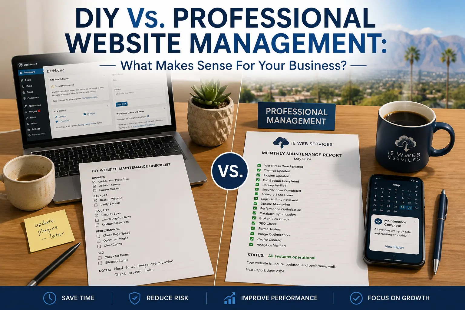 DIY website maintenance checklist versus completed professional management report. IE Web Services professional website guide for Inland Empire business owners