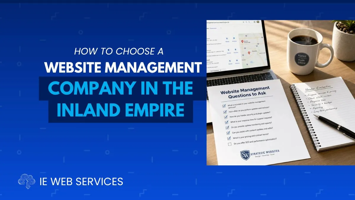 Business owner reviewing a vendor checklist for choosing a website management company in the Inland Empire — IE Web Services buyer's guide