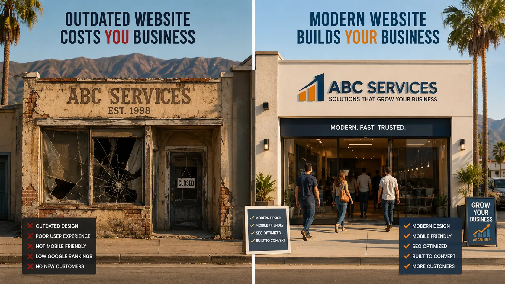 Comparison of outdated vs modern business website for Inland Empire businesses - IE Web Services redesign guide