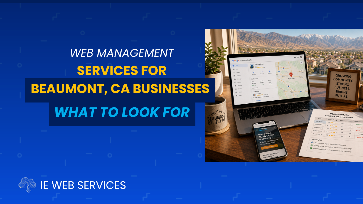 Beaumont CA small business owner reviewing website and local SEO performance on laptop and phone. IE Web Services guide for Pass Area businesses