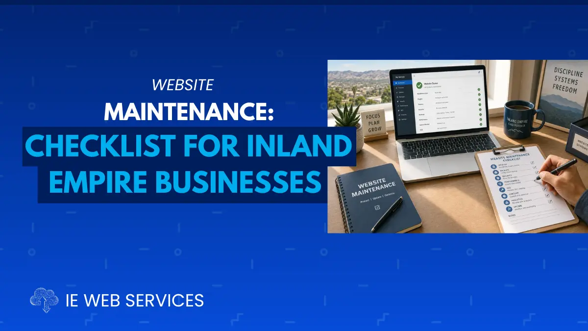 Business owner completing a monthly website maintenance checklist with WordPress dashboard showing green status indicators — IE Web Services