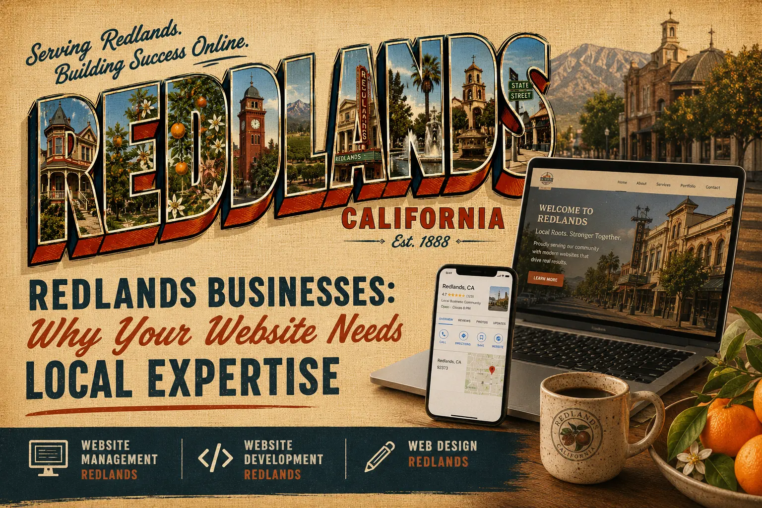 Downtown and around Redlands owners receive a locally authentic website featuring historic State Street storefront photography. IE Web Services local expertise guide