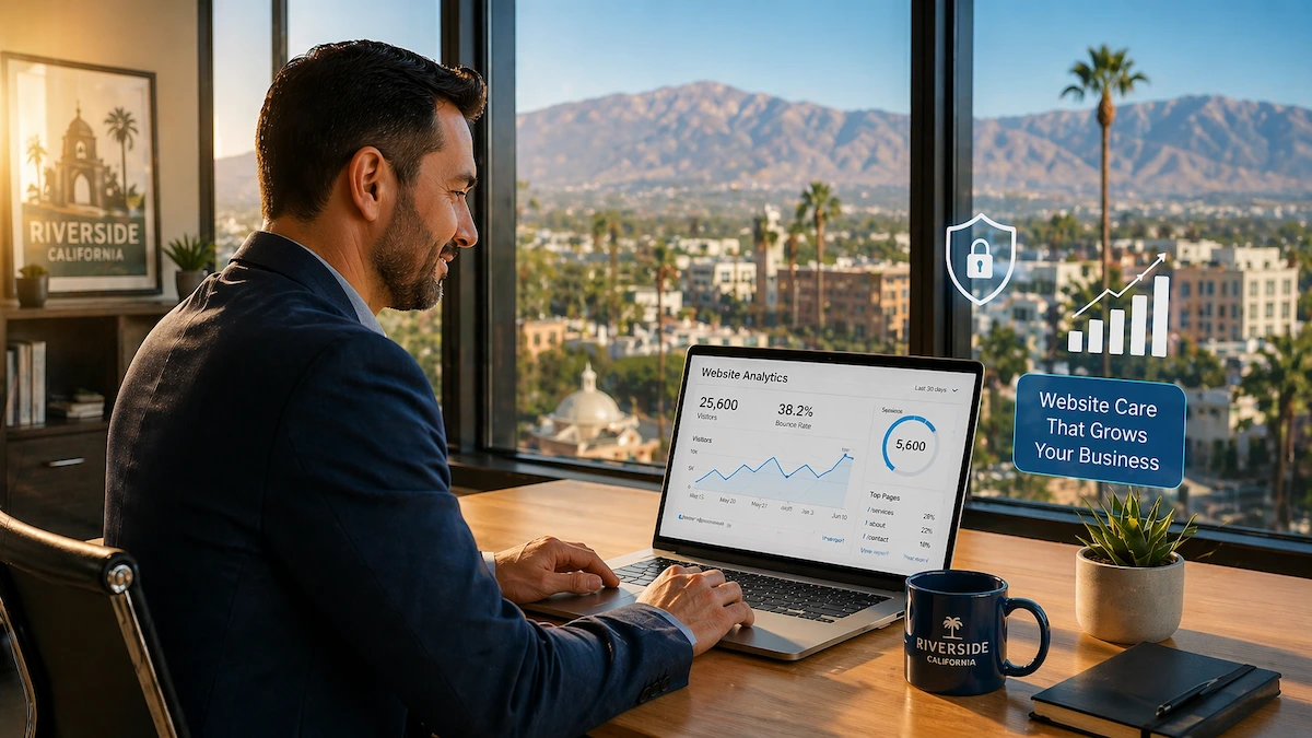 Riverside business owner reviewing website management dashboard with San Bernardino mountains visible through office window - IE Web Services