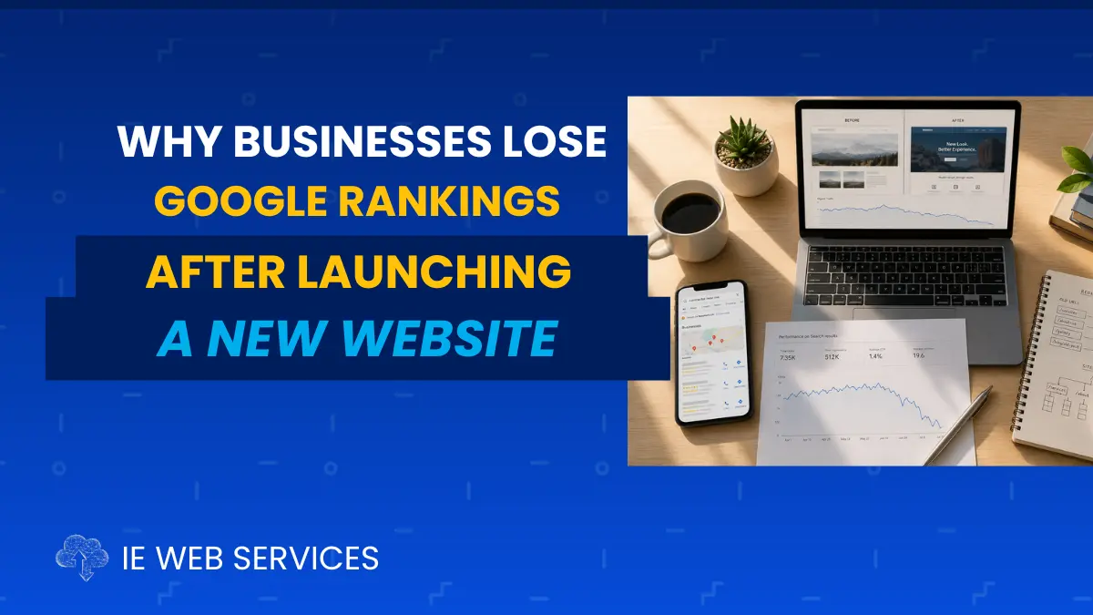 Local Redlands company using a laptop showing a website redesign mockup and ranking dip graph, a Google Search Console report, a smartphone displaying search results, and a hand-drawn redirect sitemap. Article on why businesses lose Google rankings after a website redesign.